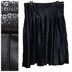 Carmen Marco Valvo Silk Black Sequined Full Midi Pleated Luxe Skirt Designer Vtg